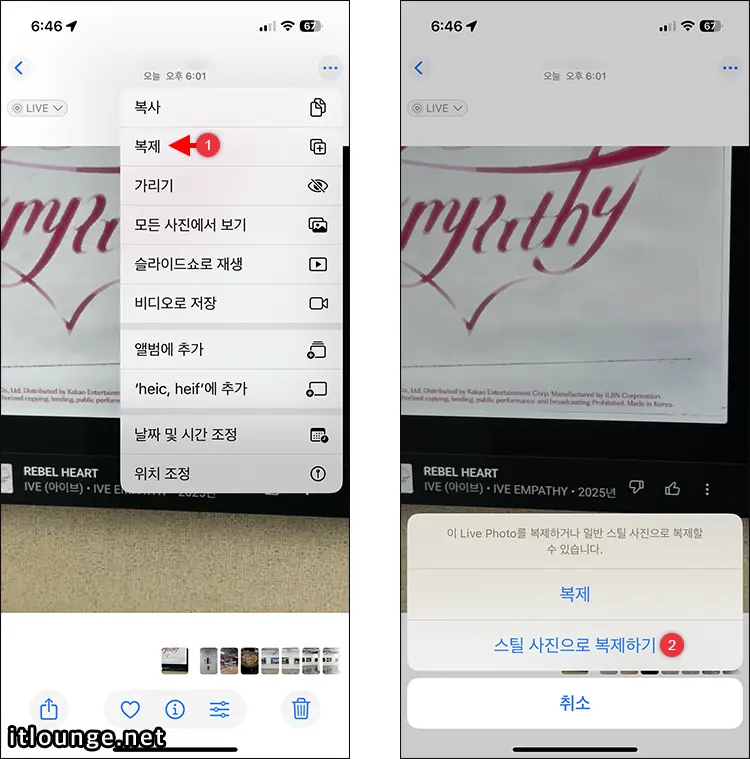 아이폰 라이브 포토 대표 사진 변경하는 방법 3 라이브 포토 대표 사진을 정지 이미지로 저장하는 방법