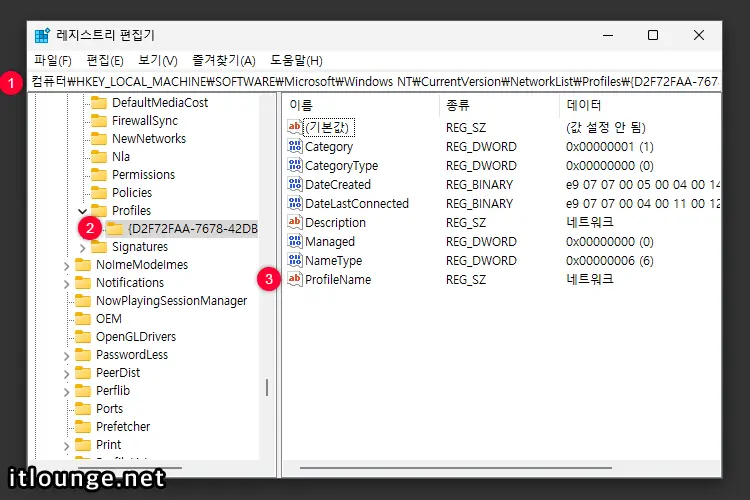 NetworkList\Profiles 키 열기